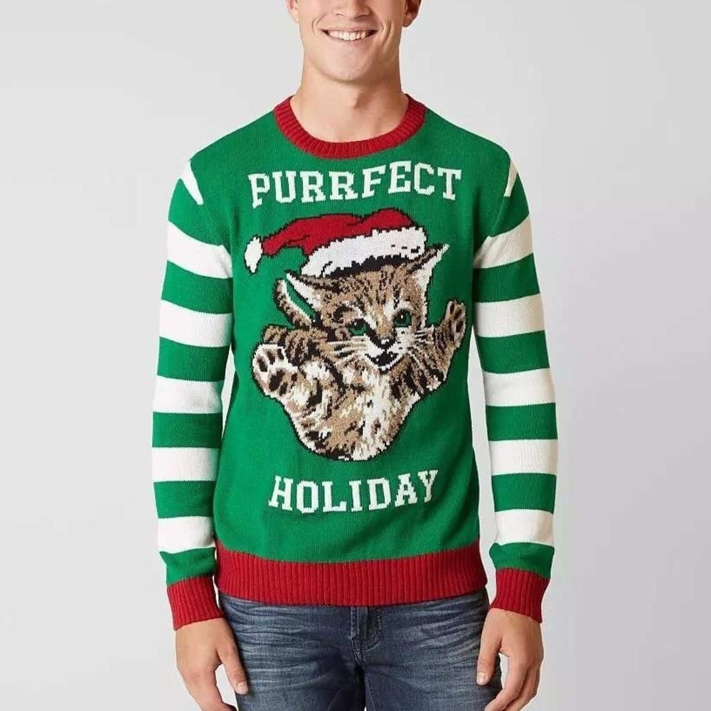 Buckle Ugly Christmas Sweater‎ Purrfect Holiday Cat Sweater Men's Large Green